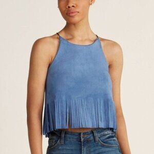 Blue Faux Suede Fringe Crop Top NWT Size M